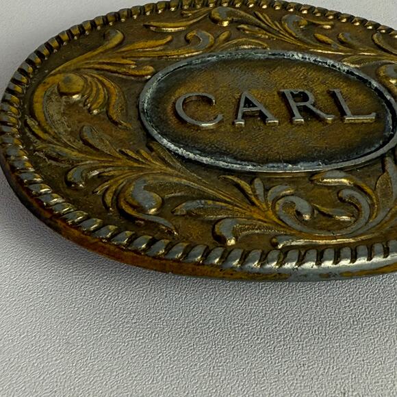 Vintage The Kinney Co 1977 Metal Cowboy Belt Buckle Embossed Design Name Carl - Picture 2 of 16